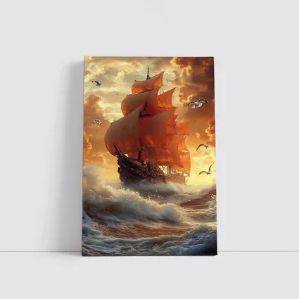 Tall Ship Sailing Stormy Ocean Sunset