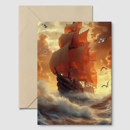 Tall Ship Sailing Stormy Ocean Sunset