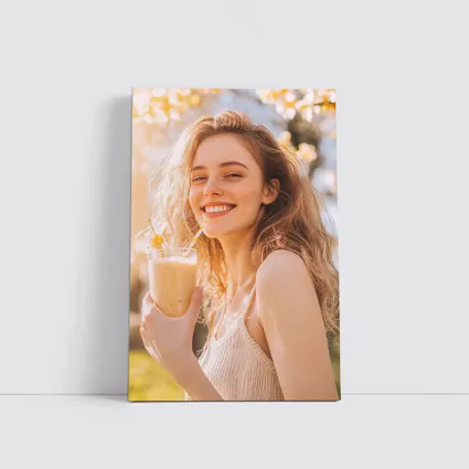 Smiling Woman Drinking Smoothie Sunny Garden