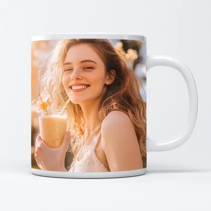 Smiling Woman Drinking Smoothie Sunny Garden
