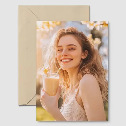 Smiling Woman Drinking Smoothie Sunny Garden
