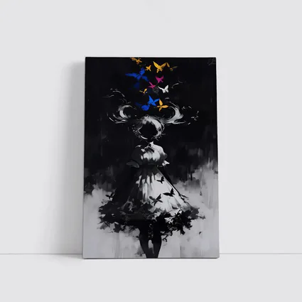 Dark Anime Girl Butterflies Black White Art