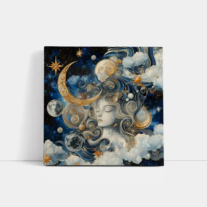 Celestial Moon Goddess Blue Gold Fantasy Art