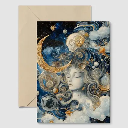 Celestial Moon Goddess Blue Gold Fantasy Art