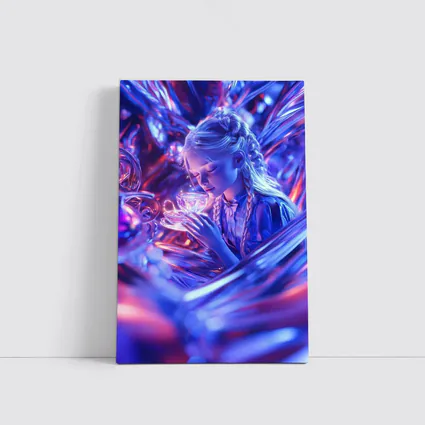 Girl Holding Glowing Cup Surreal Blue Fantasy