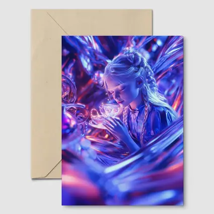 Girl Holding Glowing Cup Surreal Blue Fantasy