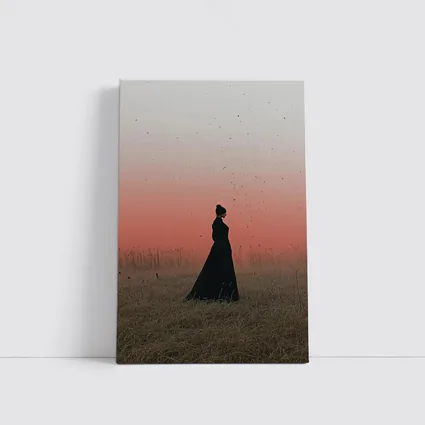 Woman Silhouette Standing in Red Dusk Field