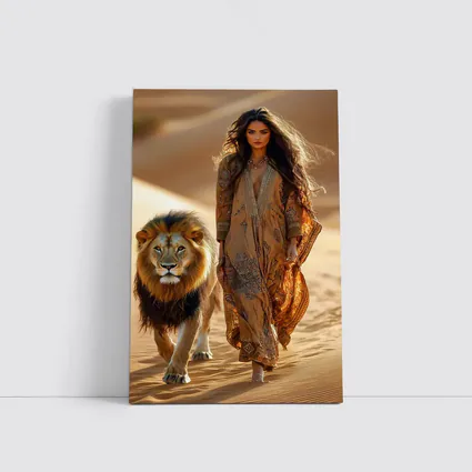 Woman Walking With Lion In Desert