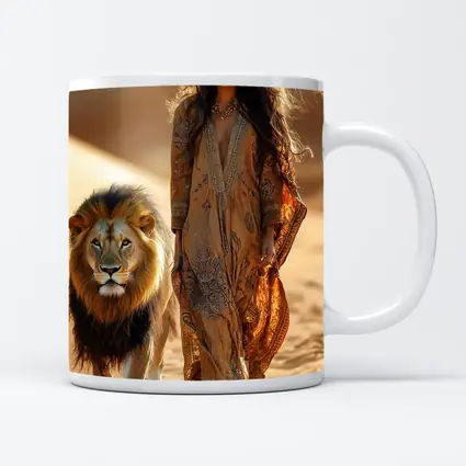 Woman Walking With Lion In Desert