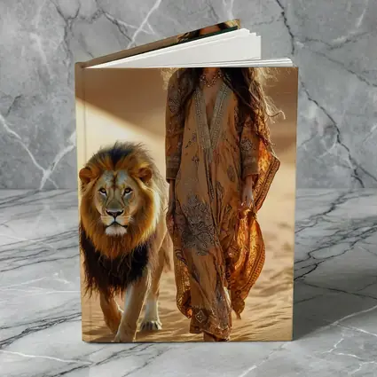 Woman Walking With Lion In Desert