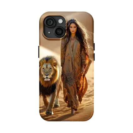 Woman Walking With Lion In Desert