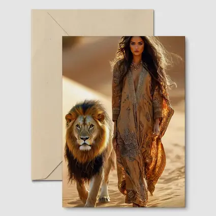 Woman Walking With Lion In Desert