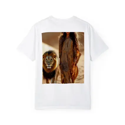 Woman Walking With Lion In Desert