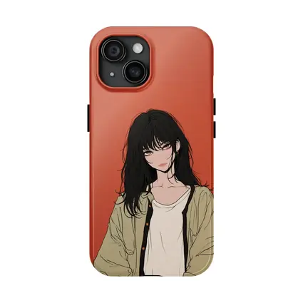 Anime Girl Dark Hair Red Background Art
