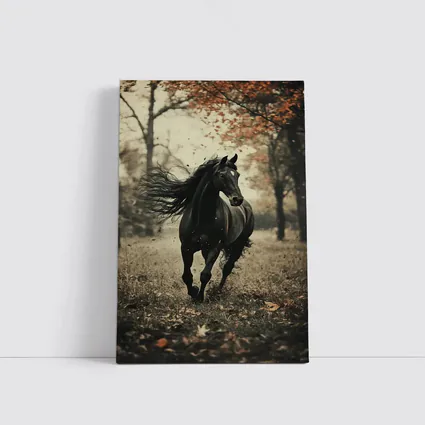 Black Horse Running Through Autumn Forest