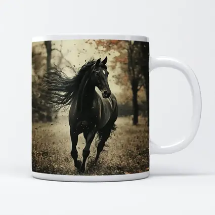 Black Horse Running Through Autumn Forest