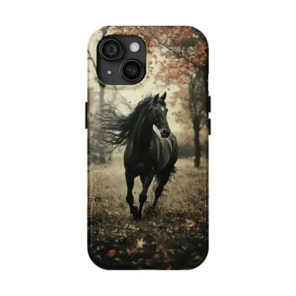 Black Horse Running Through Autumn Forest