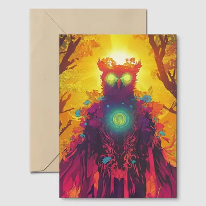 Mystical Owl Glowing Eyes Forest Sun