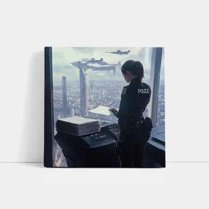 Futuristic Police Officer Overlooking Cyberpunk City