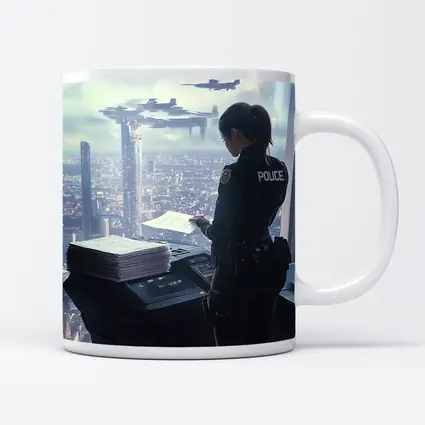 Futuristic Police Officer Overlooking Cyberpunk City