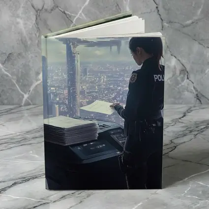 Futuristic Police Officer Overlooking Cyberpunk City