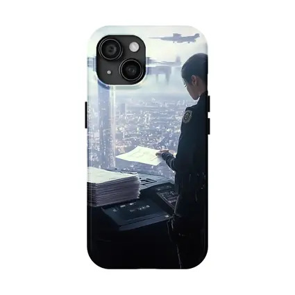 Futuristic Police Officer Overlooking Cyberpunk City