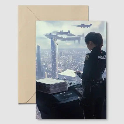 Futuristic Police Officer Overlooking Cyberpunk City