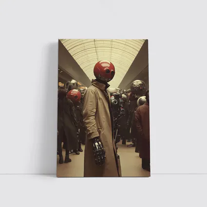 Robot Figure Trench Coat Crowded Futuristic Hall
