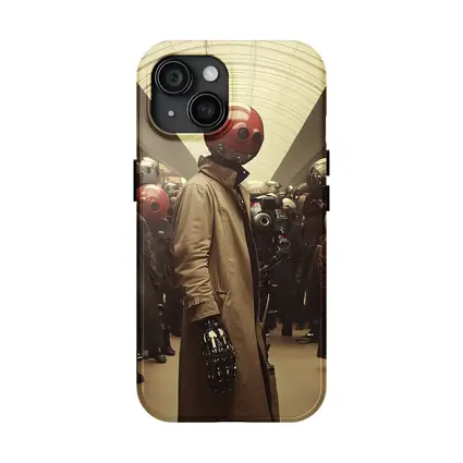 Robot Figure Trench Coat Crowded Futuristic Hall