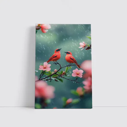 Two Red Birds on Blooming Branch Rain
