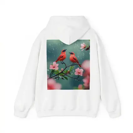 Two Red Birds on Blooming Branch Rain