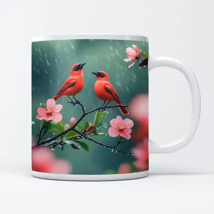 Two Red Birds on Blooming Branch Rain