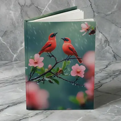Two Red Birds on Blooming Branch Rain