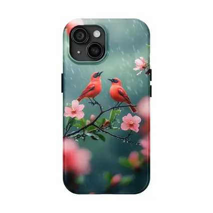 Two Red Birds on Blooming Branch Rain