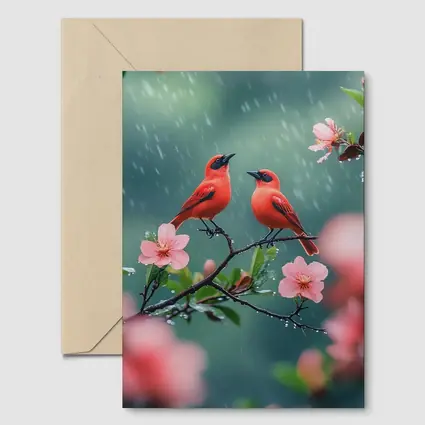 Two Red Birds on Blooming Branch Rain