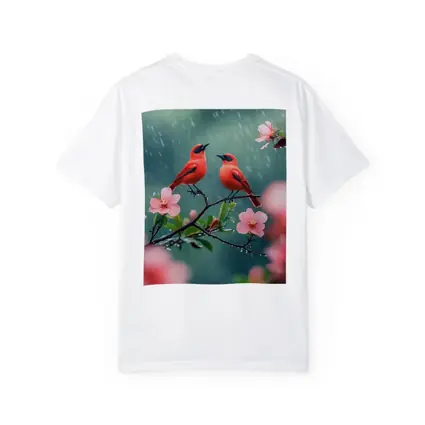 Two Red Birds on Blooming Branch Rain