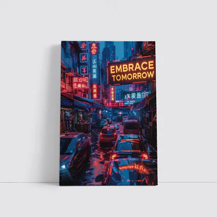 Embrace Tomorrow Neon Sign Rainy City Street