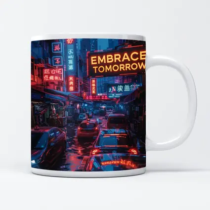 Embrace Tomorrow Neon Sign Rainy City Street