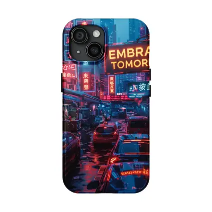 Embrace Tomorrow Neon Sign Rainy City Street