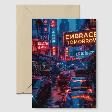 Embrace Tomorrow Neon Sign Rainy City Street