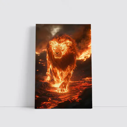 Fiery Lion Walking Through Burning Lava