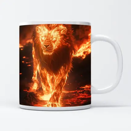 Fiery Lion Walking Through Burning Lava