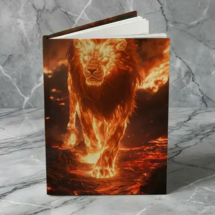 Fiery Lion Walking Through Burning Lava