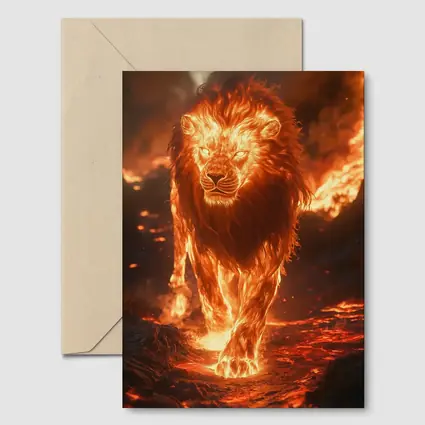 Fiery Lion Walking Through Burning Lava