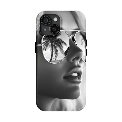 Blonde Woman Aviator Sunglasses Palm Tree Reflection