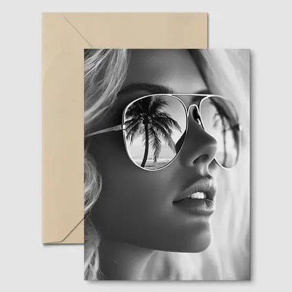 Blonde Woman Aviator Sunglasses Palm Tree Reflection
