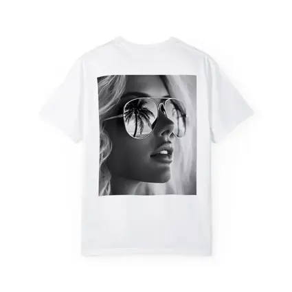 Blonde Woman Aviator Sunglasses Palm Tree Reflection