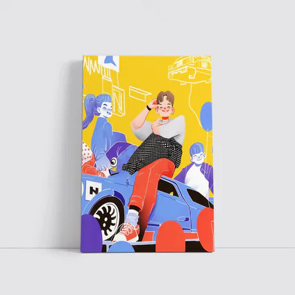 Cartoon Kids Sitting On Blue Car Yellow