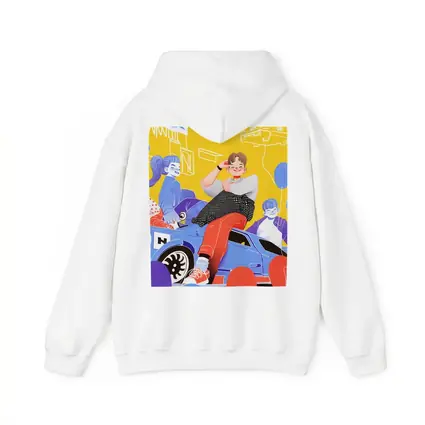 Cartoon Kids Sitting On Blue Car Yellow