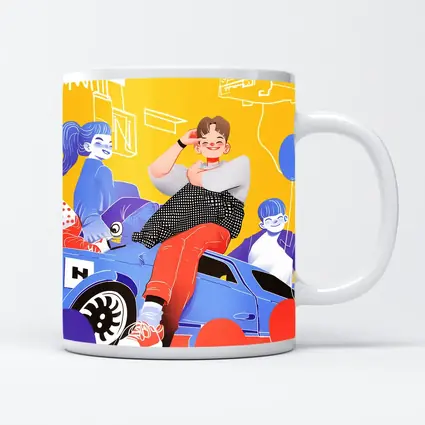 Cartoon Kids Sitting On Blue Car Yellow
